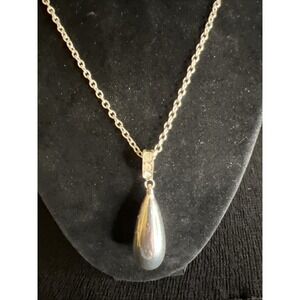 George Silver Tone Teardrop Pendant Necklace Long Chain Rhinestone Accents 30"
